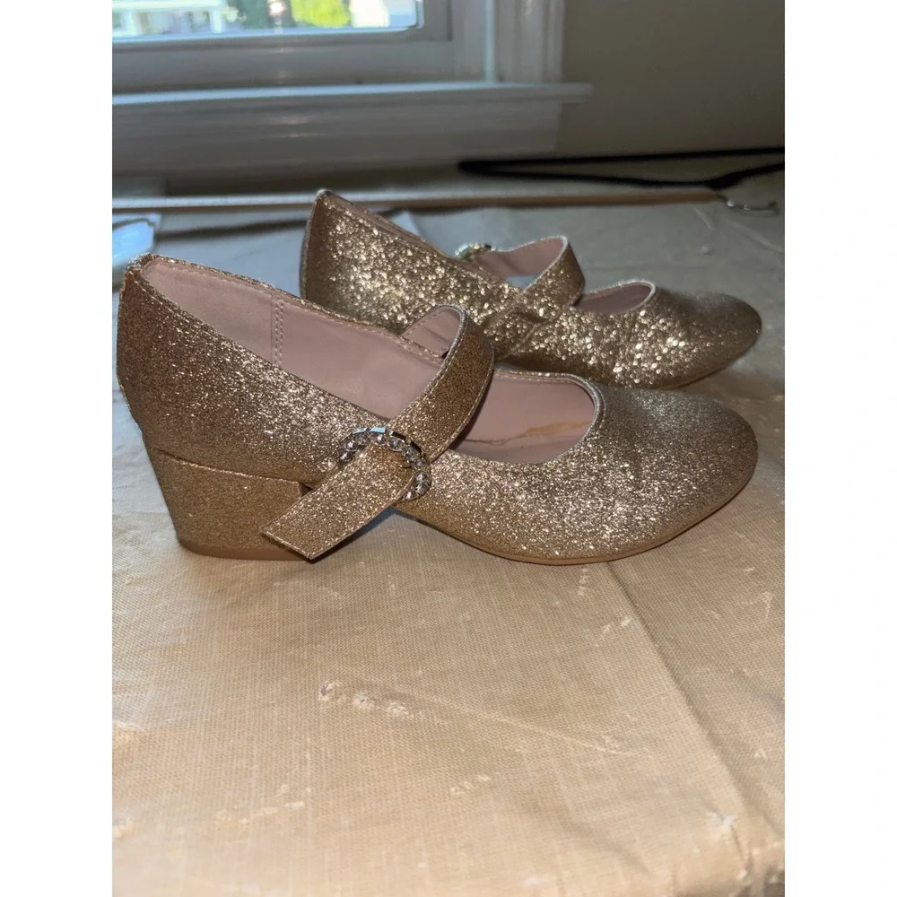 Nina Mary Jane Shoes Girls 2 Gold Excellent Glitter Rhinestone Block Heel